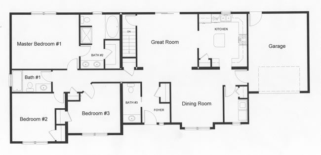 The large 3 bedrooms on the left side of the home provide privacy in this open floor plan design.
